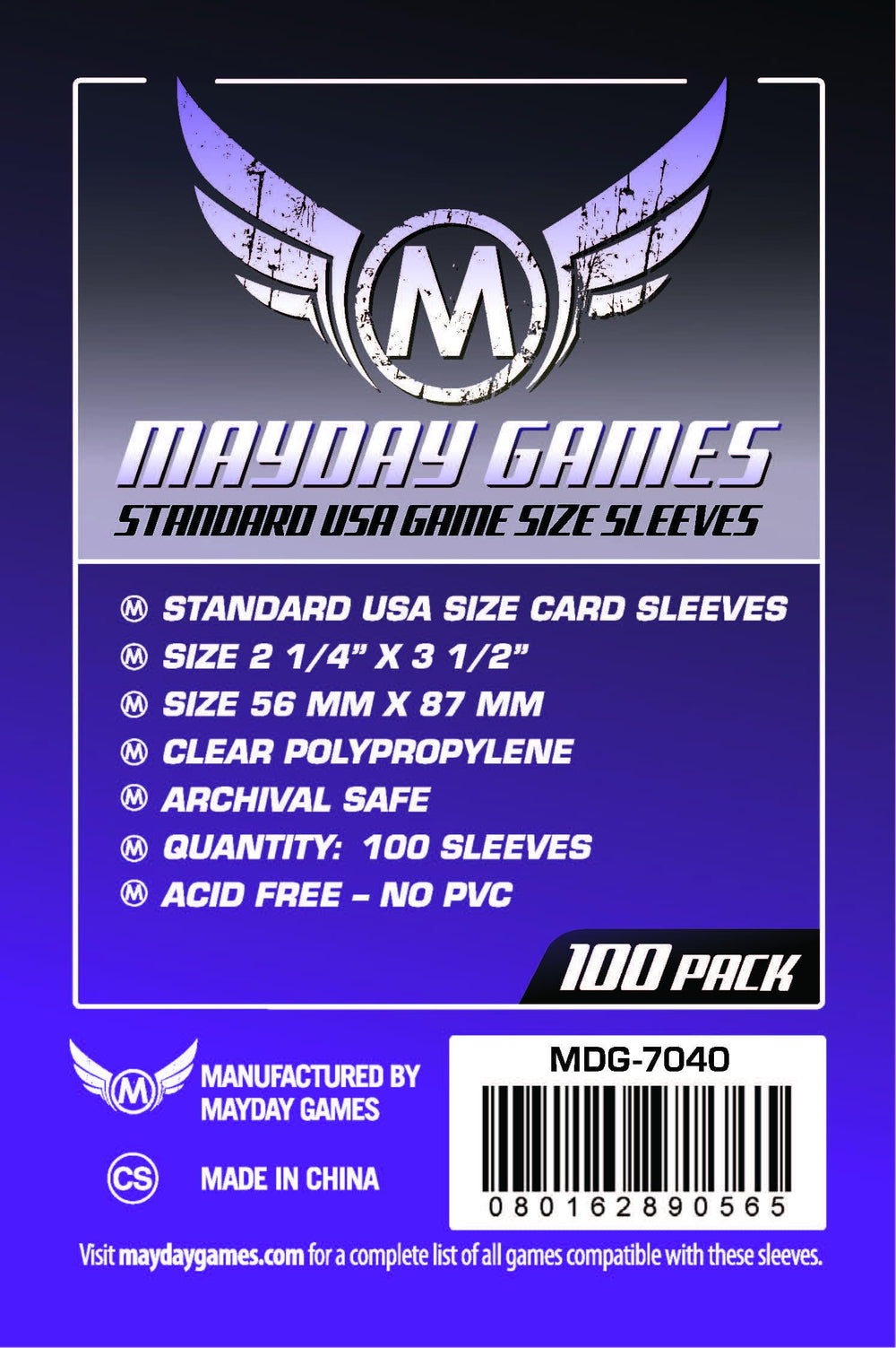 Mayday Games Purple Label sleeves 56x87mm clear film – ensures easy shuffling and visibility.