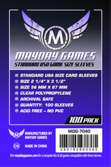 Mayday Games Purple Label sleeves 56x87mm clear film – ensures easy shuffling and visibility.
