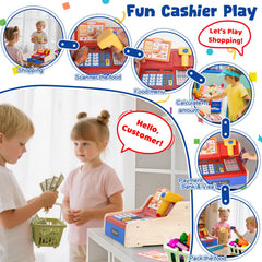 Maysida wooden cash register money drawer opens for pretend coins and bills practice.