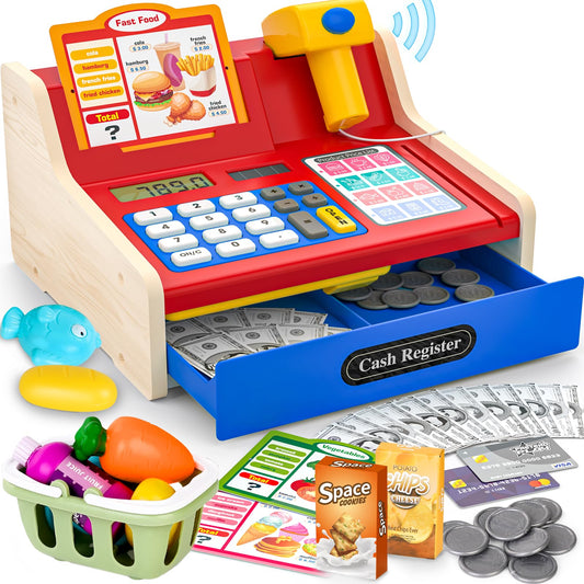 Maysida Rechargeable Wooden Cash Register with Scanner for imaginative play at checkout.