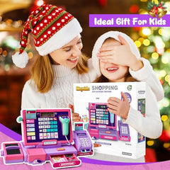 Maysida pink cash register features LED lights to enhance interactive play experiences.