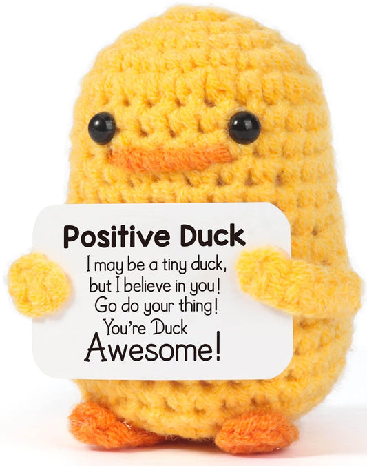 MBL crochet duck for women, a cheerful desk companion for daily motivation.