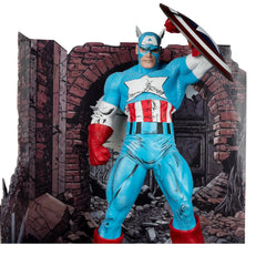 Captain America figure with backdrop to enhance diorama presentation.