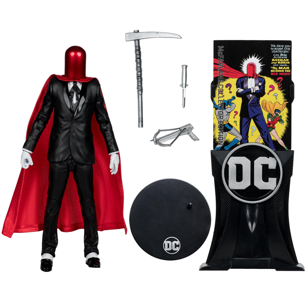 McFarlane Toys Red Hood figure base and display stand support stable shelf presentation.