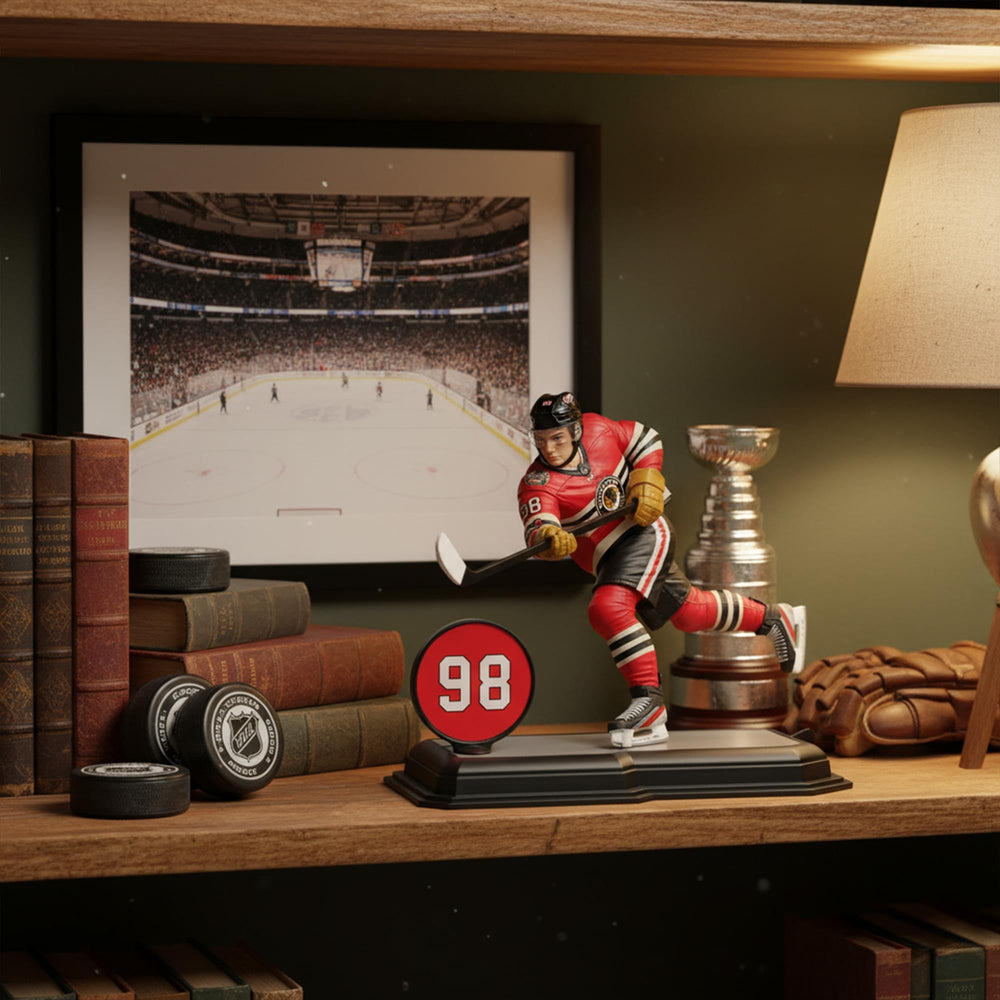 McFarlane's SportsPicks Connor Bedard figure, 7-inch scale ideal for shelf.