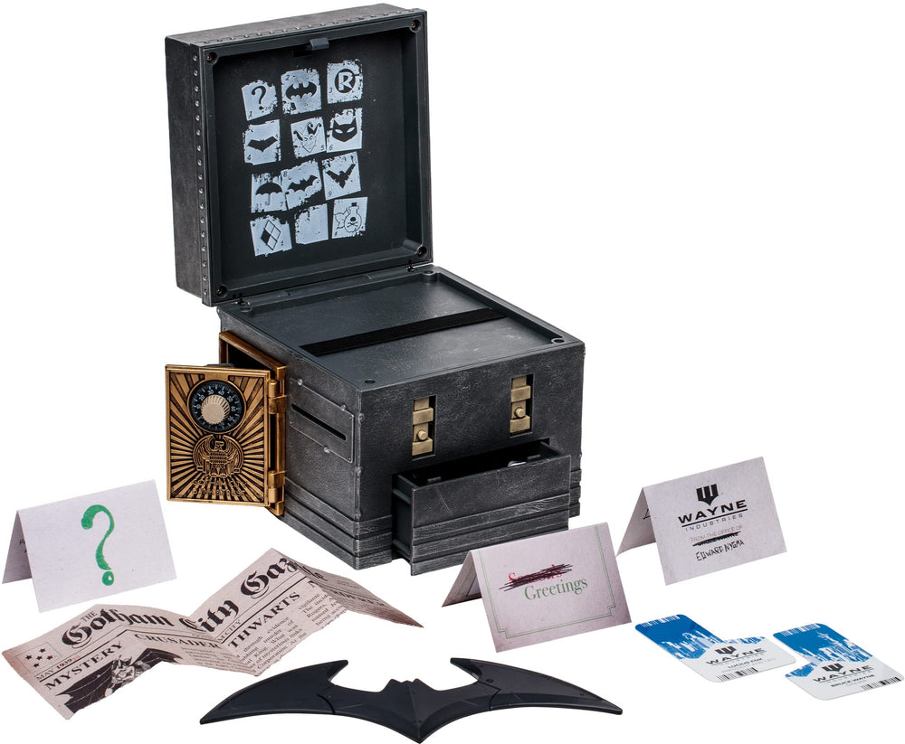 McFarlane Toys Riddler Puzzle Box batarang close-up for display and cosplay inspiration.