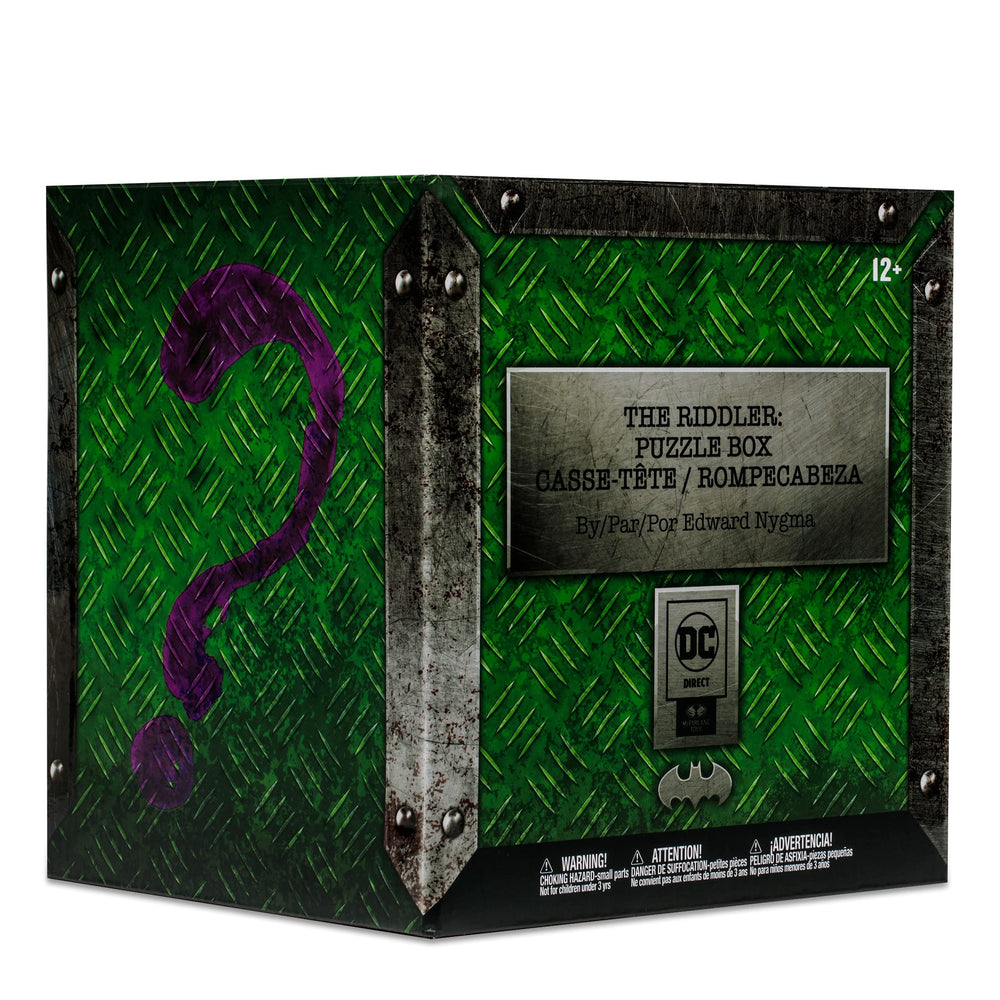 McFarlane Toys Riddler Puzzle Box metal-batarang close-up emphasizing authentic scale.