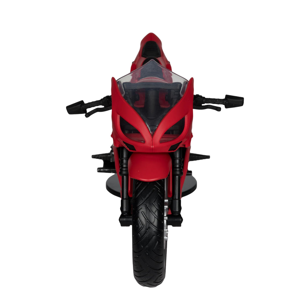 McFarlane Toys Red Hood's Sportsbike rolling wheels hint at kinetic play.