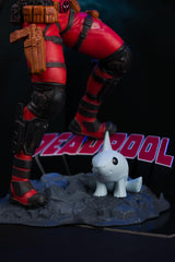 McFarlane Toys Deadpool backdrops illuminate display with cinematic ambiance.