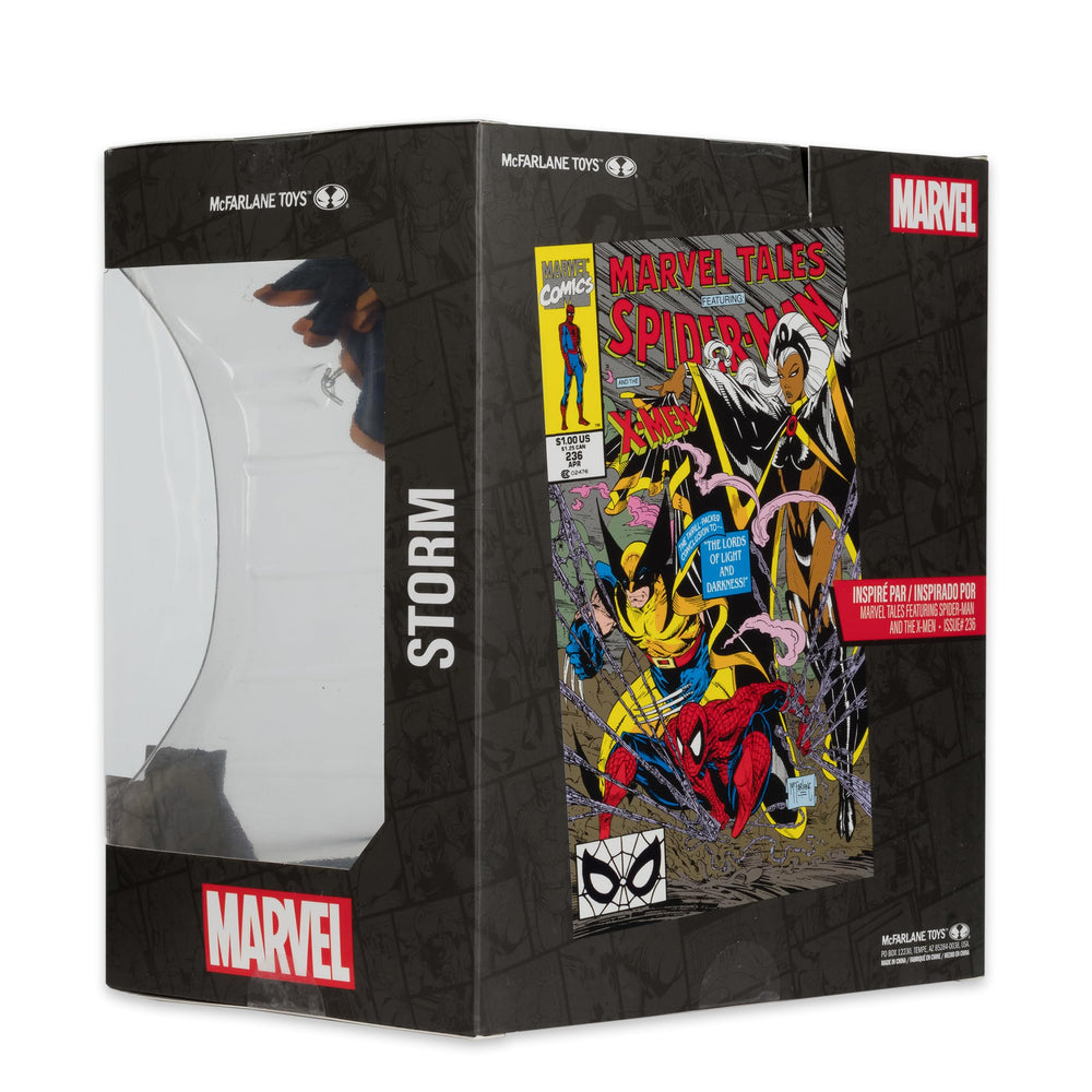 McFarlane Toys Marvel Storm collector card portrait with lore context.