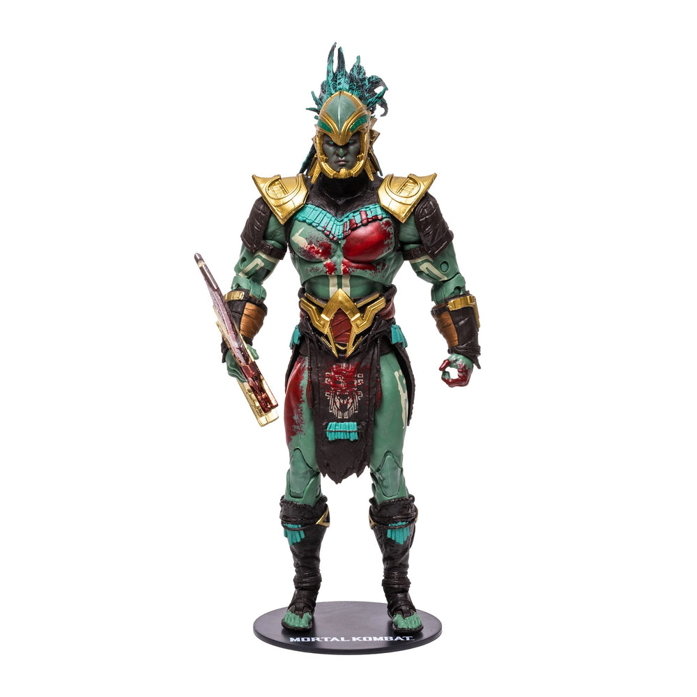 McFarlane Toys Mortal Kombat Kotal Kahn Bloody figure shows dynamic display potential.