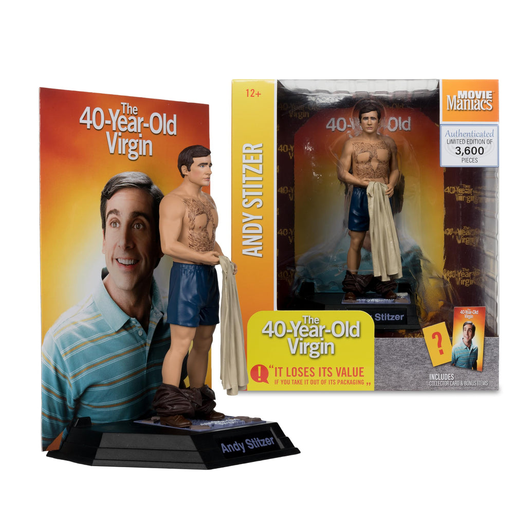 McFarlane Toys Movie Maniac Andy Stitzer 6in figure front view for display.