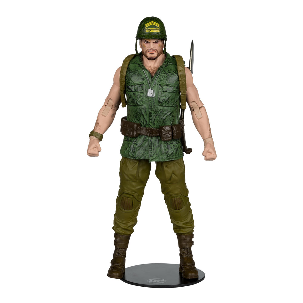 McFarlane Toys Sergeant Rock packaging card and stand included for display