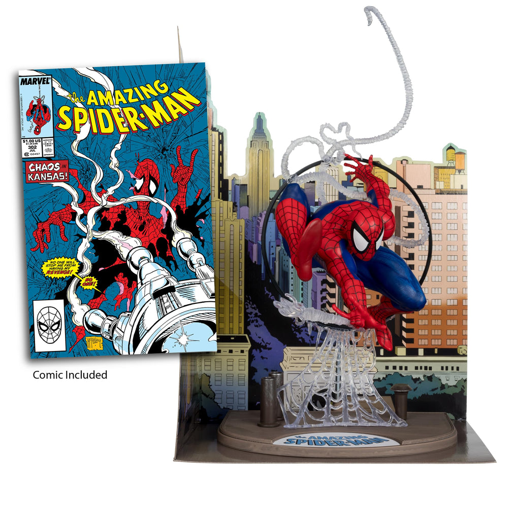 Dramatic backdrop scene adds cinematic depth to the Spider-Man display collection.