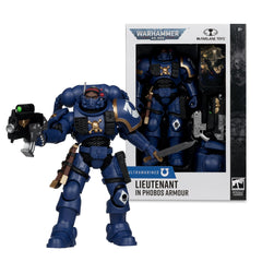 McFarlane Toys Warhammer 40K lieutenant power pack close-up showing tech details.