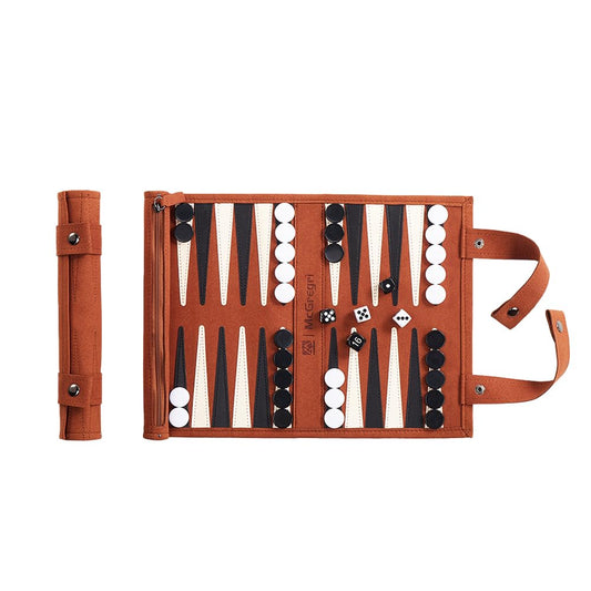 Mc Gregri backgammon roll-up board open, flat playing surface for easy setup and casual play.