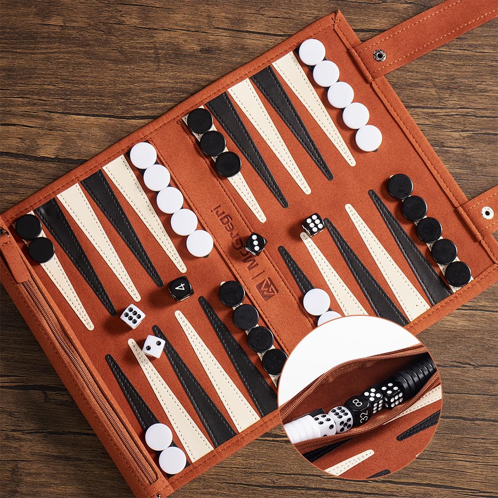 Mc Gregri backgammon roll-up board rolled for compact, travel-friendly storage.