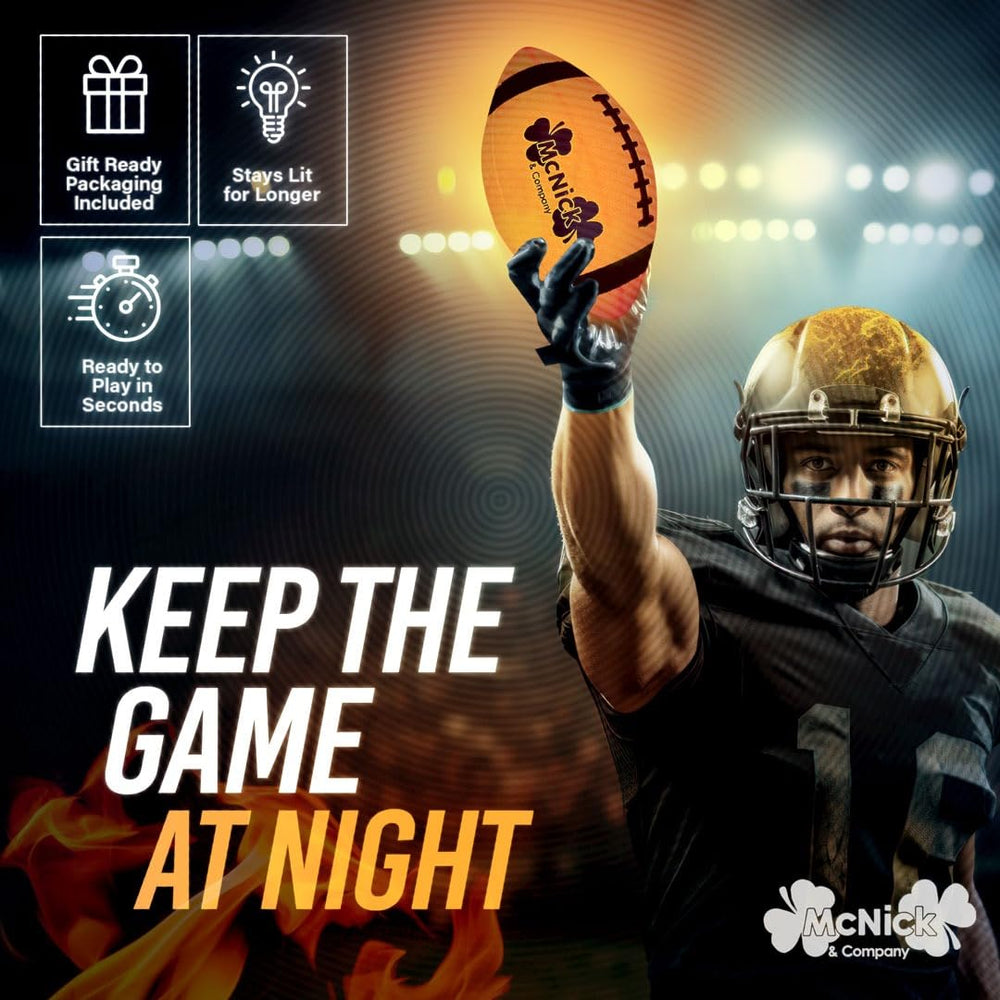 MCNICK & COMPANY Glow Football in hand highlights portable glow for outdoor play