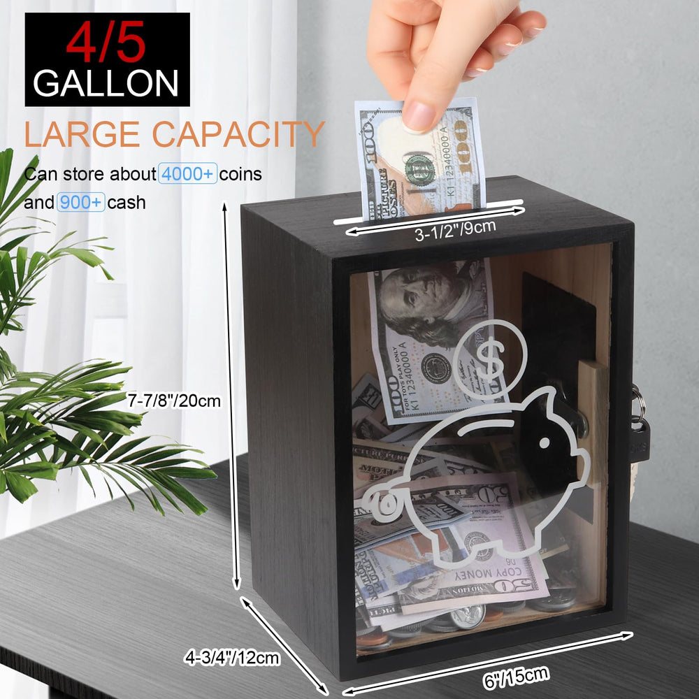Mczxon large clear coin bank showing generous capacity for coins and bills.