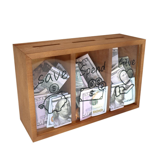 Mczxon Spend Save Give piggy bank wooden box with three labeled compartments for budgeting.