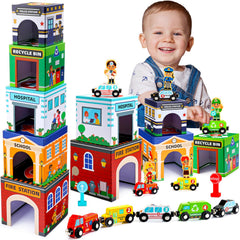 MDINGTD Baby Stacking Toys stackable garages for imaginative career play and fine motor practice.