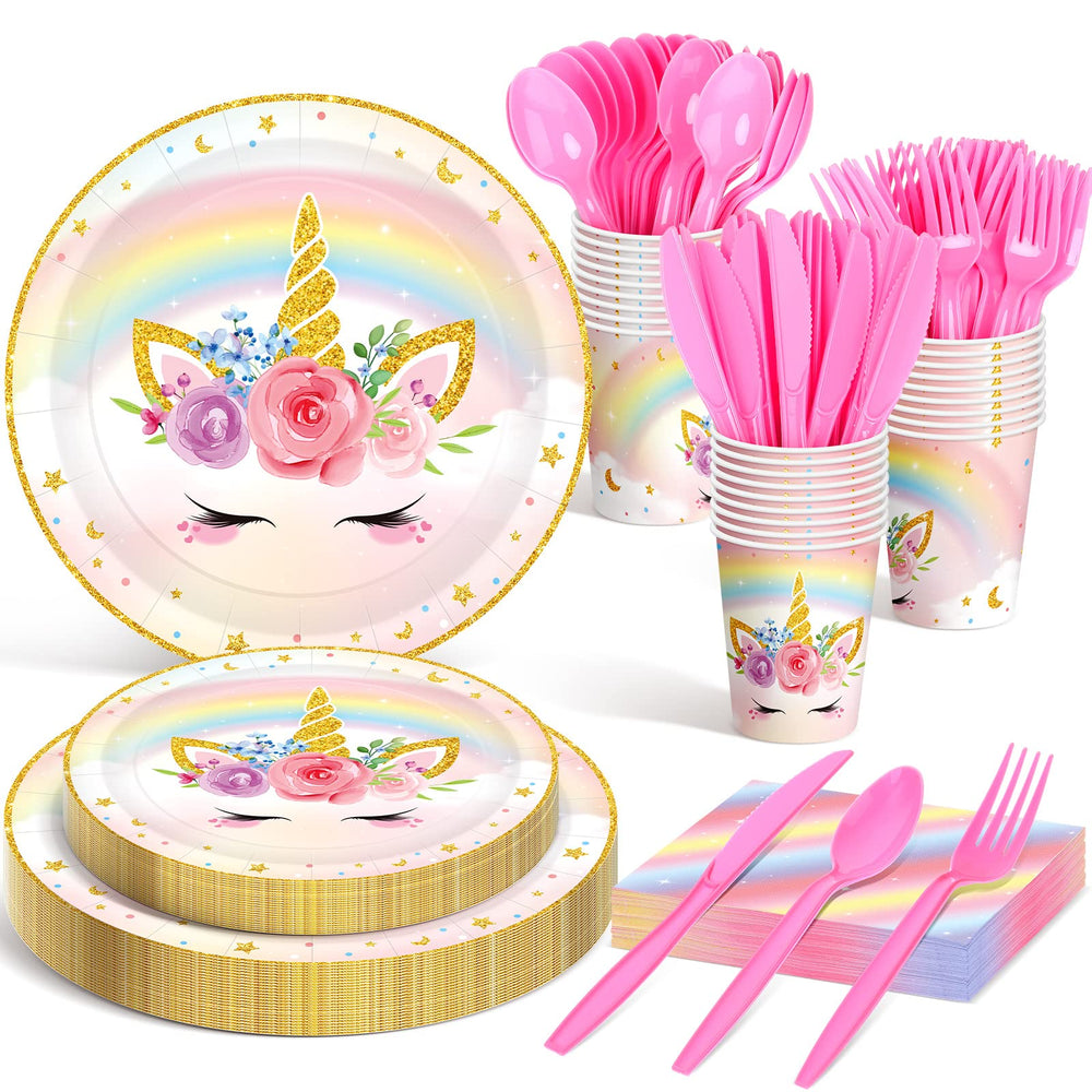 Meanplan unicorn tableware dinner plates showcase bright colors for a festive birthday celebration.