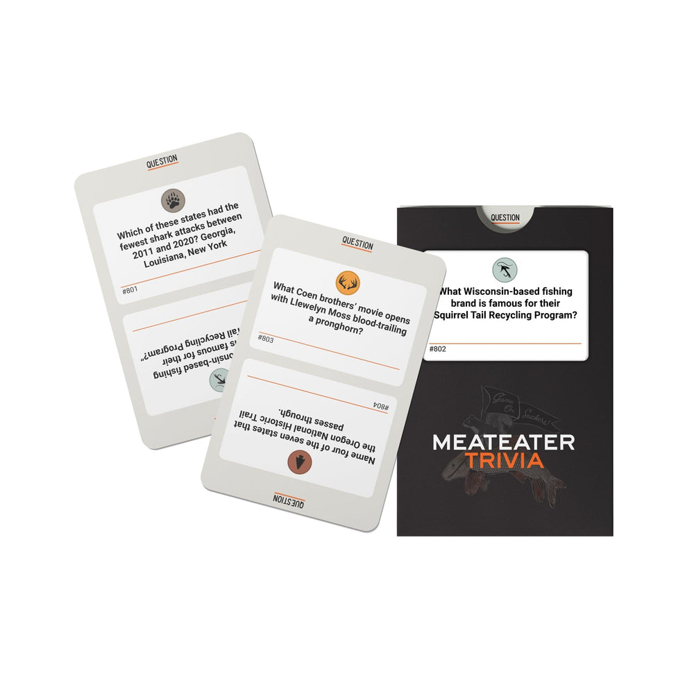 MeatEater Trivia game setup on campfire tables encourages quick rounds and storytelling.