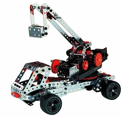 Meccano Erector all-metal parts emphasize durable, authentic construction play.