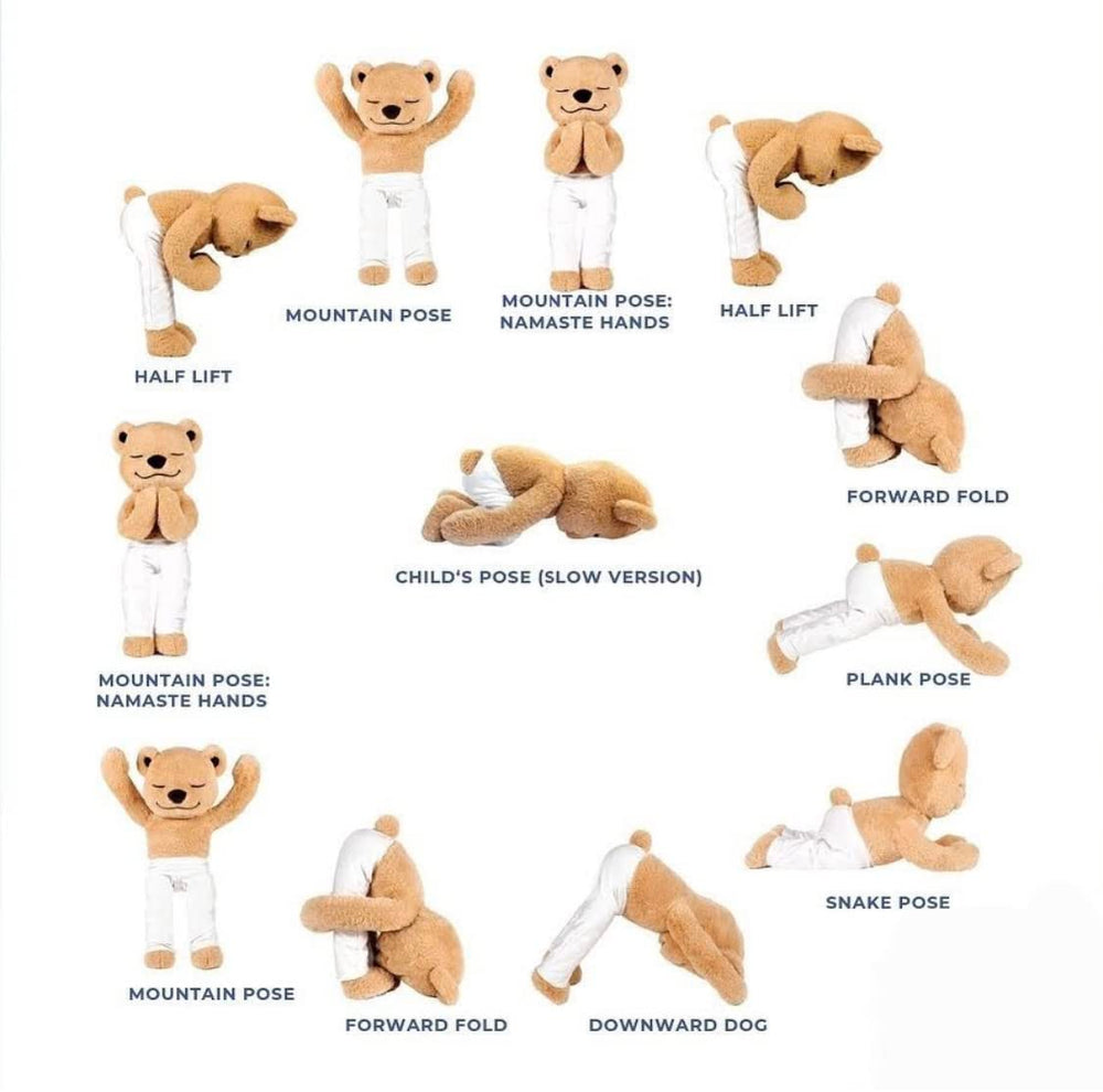 Meddy Teddy The Yoga Bear huggable plush lying with arms open for comforting hugs.