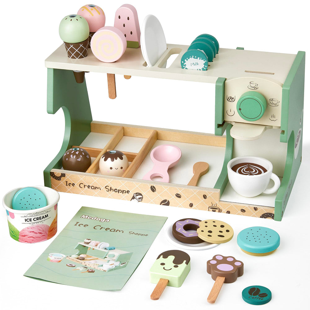Medoga wooden ice cream counter with coffee maker boosts imaginative play.