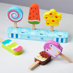 medoga wooden ice cream lolly pop ready for kid-friendly role play.