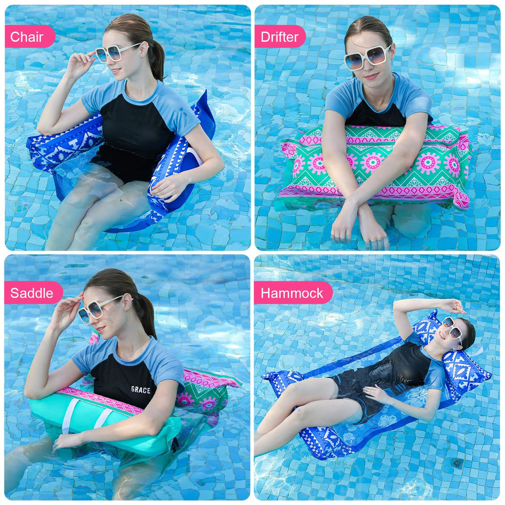 Meetinext pool chair float demonstrating instant 4-in-1 conversion for versatile water lounging.