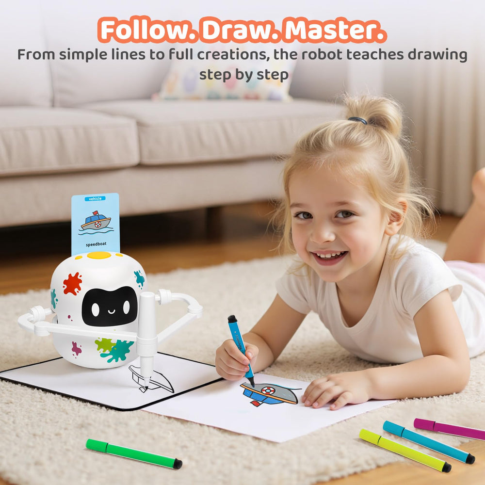 MeWaii Drawing Robot with cards demonstrates guided step-by-step art prompts
