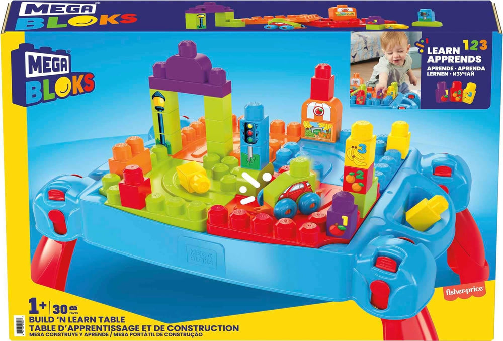 Mega Bloks First Builders tabletop track adds interactive rolling fun.