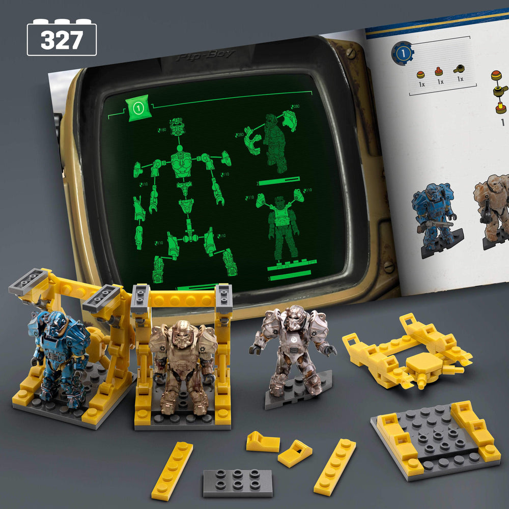 Five poseable Mega Brands Fallout T-60 figures with distinct paint jobs for dynamic display.