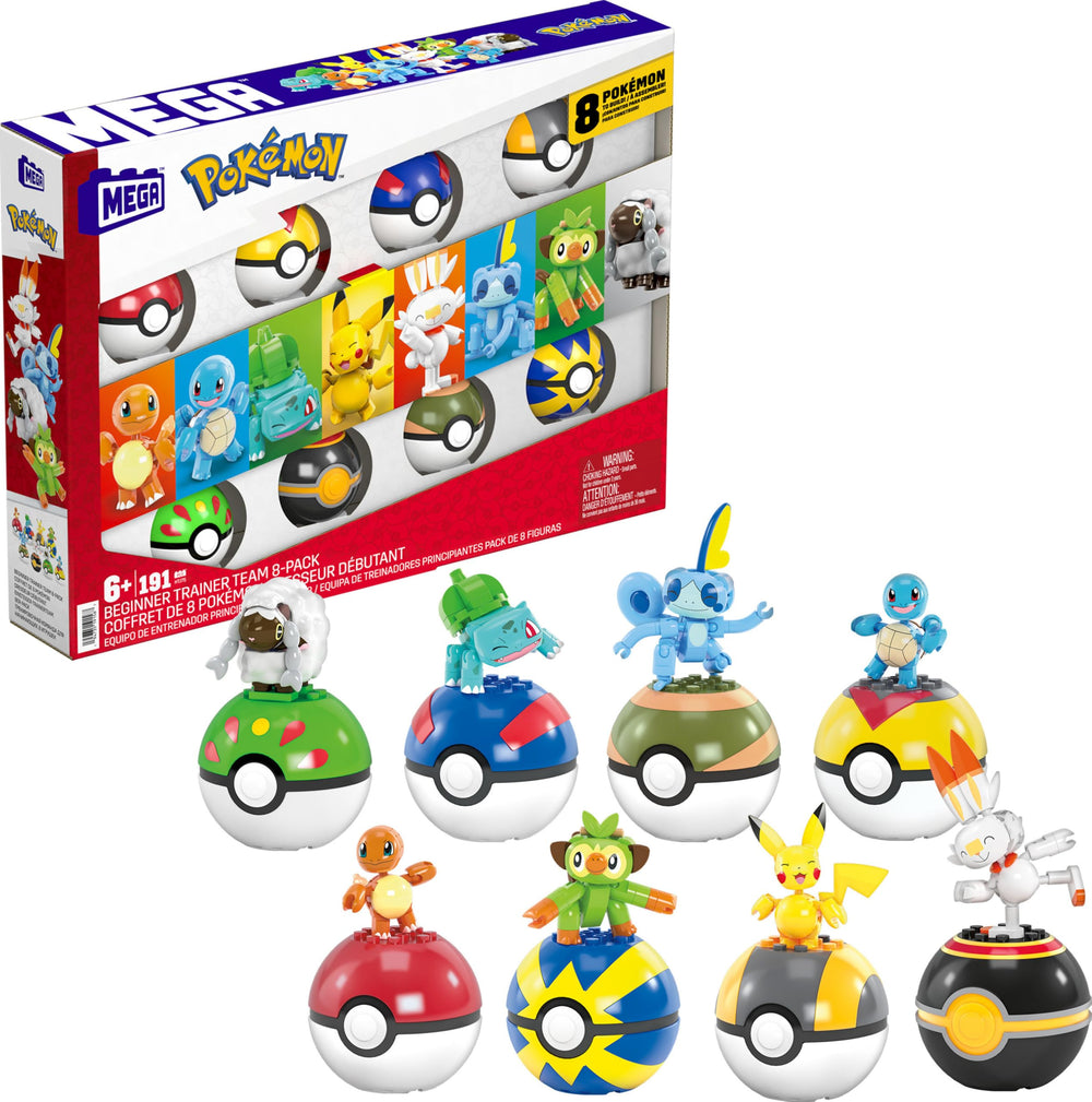 Mega Brands MEGA Pokémon poke ball display with eight buildable figures for imaginative play.