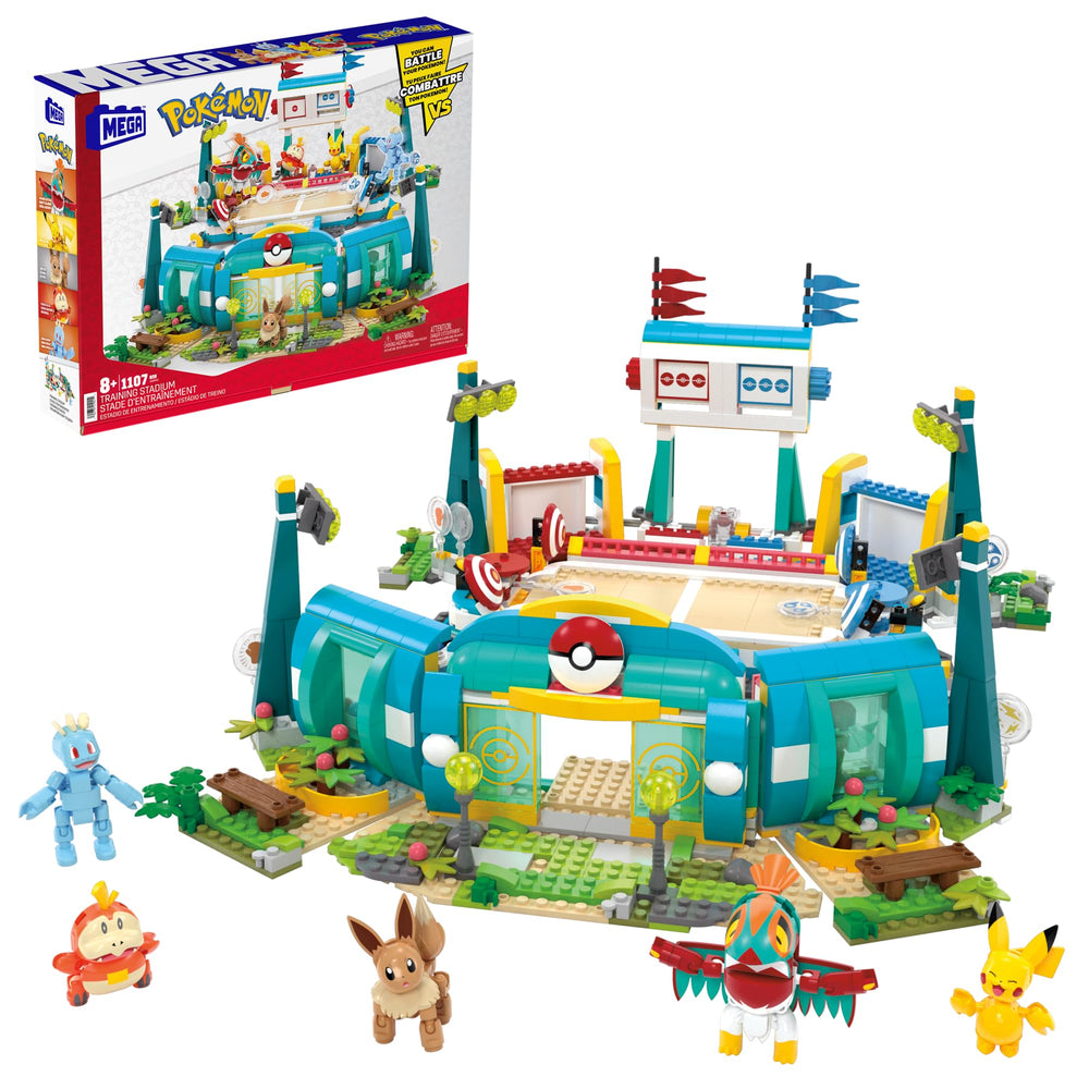 Mega Brands Mega Pokémon Training Stadium assembly shows a modular battle arena for imaginative play