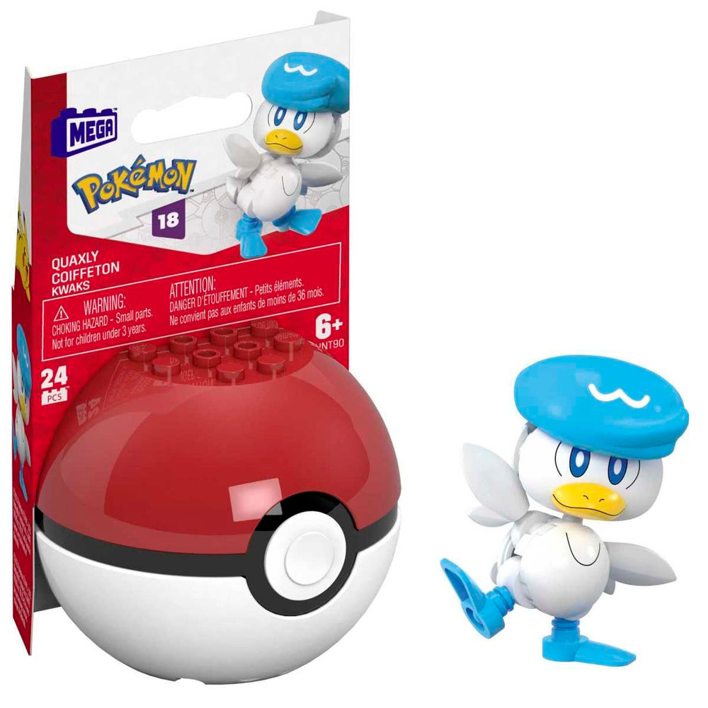 Mega Brands Quaxly Pokeball build opens for imaginative play and collection.