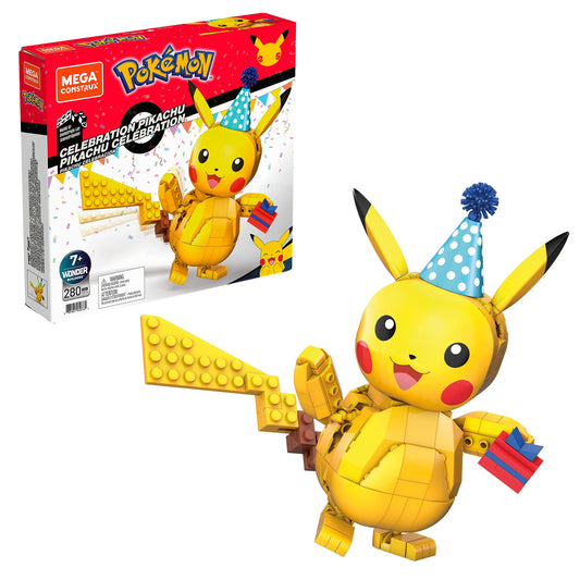 Mega Construx PokΓ©mon Celebration Pikachu figure posed for battle-ready display.