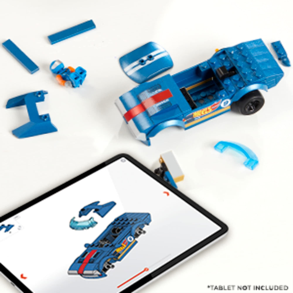 Mega Hot Wheels blue race car on track inspires fast-paced play and storytelling