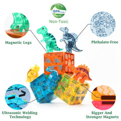 MEGAGONTILES triceratops figures help plan and assemble scenes.