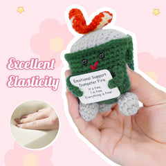 Megele dumpster fire crochet with positive card is a cheerful coworker gift.