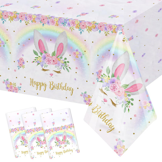 MEHOFOND bunny birthday tablecloth 3-pack, front view, party-ready setup.