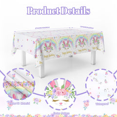 MEHOFOND bunny birthday tablecloth 3-pack, pack shot, shows three sheets.