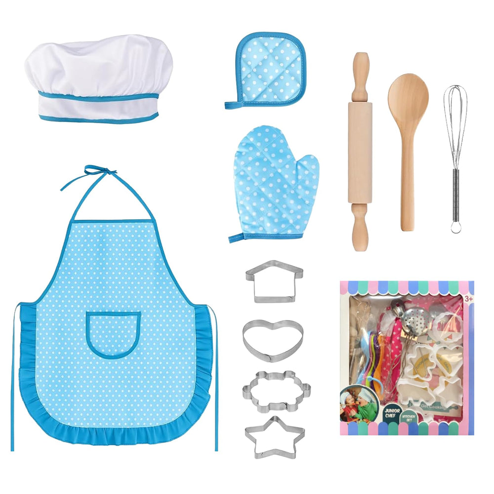 MEIDAYAI 11-piece kids chef set with hat and apron for imaginative cooking play.
