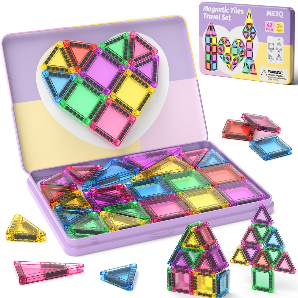 MEIQ 42-piece mini magnetic tiles travel set in a metal box for mess-free car play.