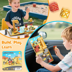 MEIQ mini magnetic tiles crafting castle and vehicle scenes for STEM-friendly fun.