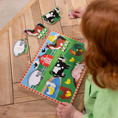 Melissa & Doug animals waiting to be placed under each puzzle piece.