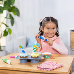 Four wooden cupcakes spark recipe style pretend play for kids.