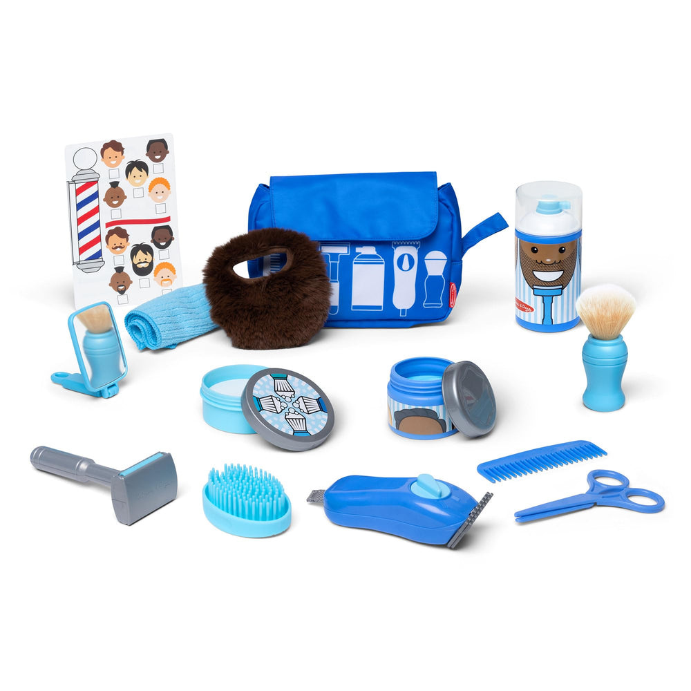 Melissa & Doug barber set with pump shaving can for modern pretend grooming.